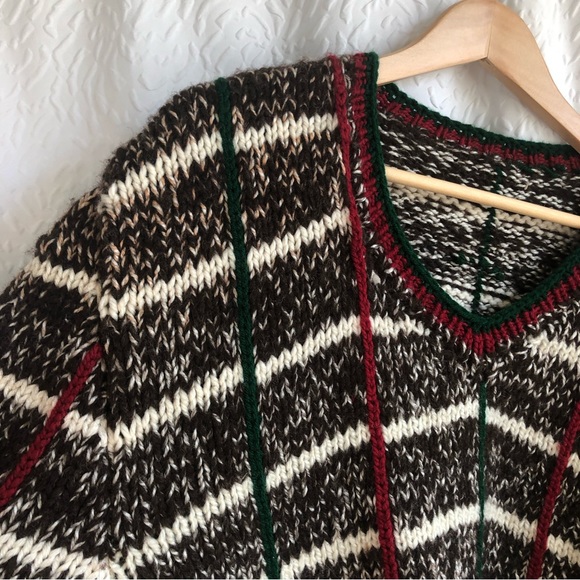 Handmade Handknit Longsleeve Neutral Tone Wool Sweater with Plaid Detailing - Picture 4 of 9